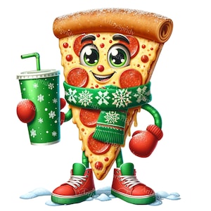 Clipart kerstpizza - stripfiguur png voor DTG, T-shirt, mok, beker, sublimatie en scrapbooking - pizza met sjaal, handschoenen, koffie
