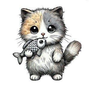 Calico Kätzchen mit Fisch transparente PNG Clipart, niedliche Katze digitaler Download, handgezeichnete Tier Clip Art, Kawaii Haustier Illustration, DIY Handwerk