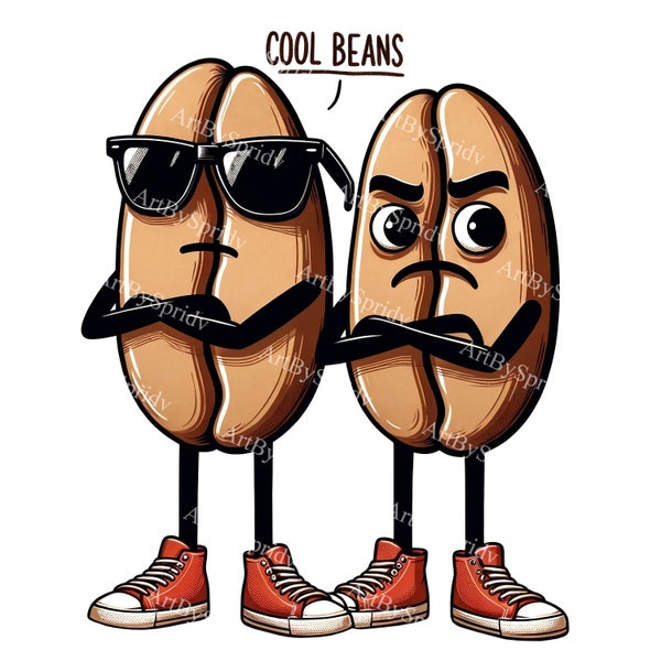 Unique Anthropomorphic Coffee Bean Characters Clipart - Cool Beans Illustration PNG, Hipster Food Art, Digital Download for DIY Crafts&Decor