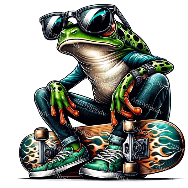 Skater Frog with Glasses Clipart-Urban Amphibian Illustration PNG, Street Style Skateboarding Art,Unique Animal Graphics for Crafting&Decor