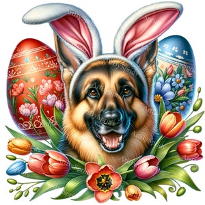 Easter German Shepherd Digital Clipart, Floral Dog Sublimation PNG,Festive Canine Graphics,Pet Lover Craft Supplies,Springtime Animal Design