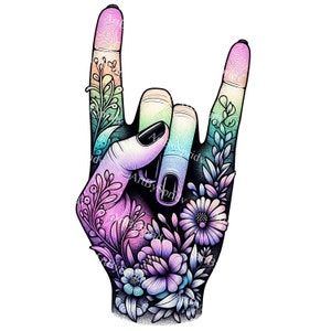 Sinal de rocha floral na mão Baixar PNG clipart - gesto de mão gradiente de arco-íris com flores, digital para camisetas, tatuagens, pôsteres, artesanato DIY