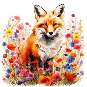 Renard aquarelle au milieu d'un champ de fleurs sauvages colorées transparentes 4 PNG - T-shirt imprimable clipart, tasse, gobelet, clipart sublimation, commercial