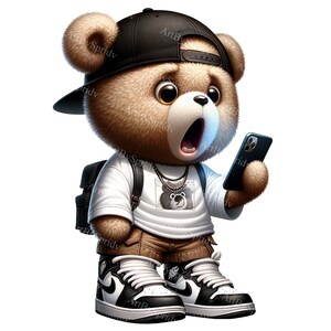 Carino orsetto di peluche PNG Clipart con abito moderno, baseball e telefono - Ideale per DTG, T-shirt, tazza, tumbler sublimazione e scrapbooking