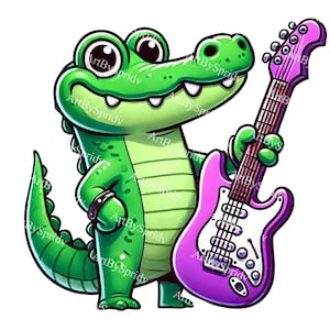 Fun-Loving Alligator with Purple Electric Guitar PNG Clipart, Cute Cartoon Animal Music Lover Clip Art for T-Shirt, Mug, DIY Craft Project