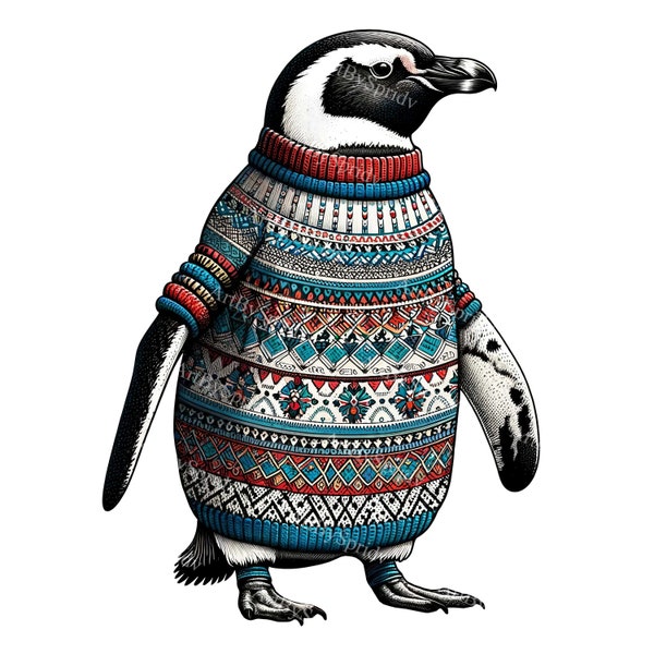 Penguin in Knitted Sweater Clipart - High-Quality Transparent PNG for Scrapbooking, Sublimation, Holiday Invitations and Winter Home Decor