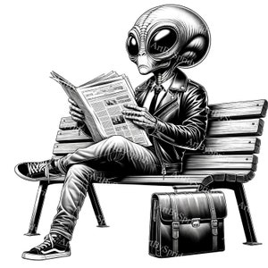 Alien Reading Newspaper Clipart-Black&White Extraterrestrial Image-Sci-Fi Digital Art PNG-Fantasy Creature Illustration-Outer Space Graphics
