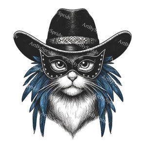 Cat in Cowboy Hat with Mask & Blue Feathers PNG Clipart - Western Feline Digital Art - Unique Animal Illustration for DIY Craft Sublimation