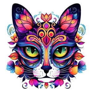 May include: A colorful, psychedelic cat face with intricate floral patterns and bright colors, including pink, blue, green, yellow, and orange.