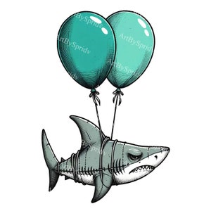 Grillige haai clipart png-haai met ballonnen illustratie-transparante digitale download-unieke haai kunst voor ambacht, scrapbooking, uitnodiging