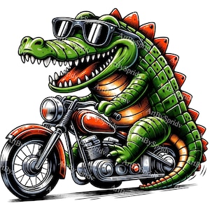 Motorcycle-Riding Alligator Clipart - Unique Biker Alligator PNG, Transparent Background, Digital Download for T-Shirts, Stickers, Mugs DIY