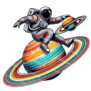 Astronauta montando Saturno PNG Clipart, Descarga digital de aventura espacial, Ilustración de arte cósmico, Astronauta del espacio exterior, Decoración de la habitación para niños, Ciencia ficción