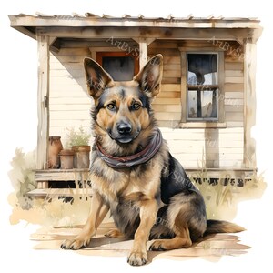 Rustic Farm Dog with Bandana Clipart PNG | Country-Style German Shepherd Clip Art for Farmhouse Decor, Pet Lovers, Western-Themed Designs