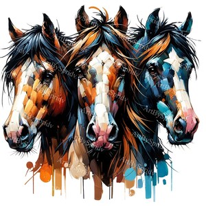 Fantazyjny rysunek konia Trio PNG Clipart - pobieranie cyfrowe, grafika sublimacyjna, wydrukowalna grafika zwierzęca do projektu DIY Craft