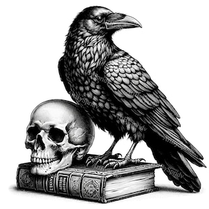 Raaf op schedel & antieke boeken Clipart - Gothic Dark Academia transparante PNG - digitale download illustraties voor sublimatie, DIY Crafts, Decor