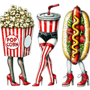 Eigenzinnige antropomorfe snack PNG-clipart trio – popcorn, frisdrank en hotdog in leuke cartoonstijl transparante illustraties voor DTG T-shirt, mok, doe-het-zelf