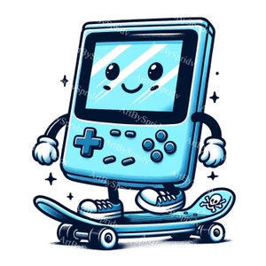 Op de afbeelding: Een blauwe en witte cartoon handheld videogame console met een glimlachend gezicht, die sneakers draagt en op een blauw skateboard rijdt met een schedel en gekruiste botten afbeelding.