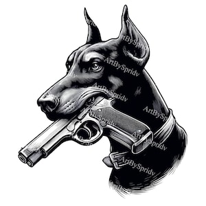 Unique Doberman Dog with Gun PNG Clipart Download - Edgy Canine Illustration,Tattoo Drawing,Bold Dog Artwork for DIY Crafts Projects