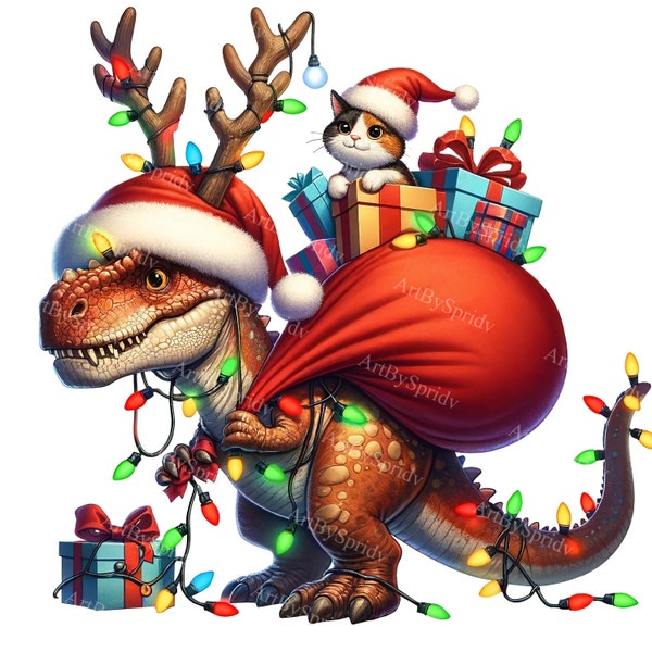 Cat on T-Rex Christmas Clipart - Santa Hat, Reindeer Antlers, Gift Bags, Colorful Lights - PNG for T-Shirt, Mug, Tumbler, Scrapbooking Kitty