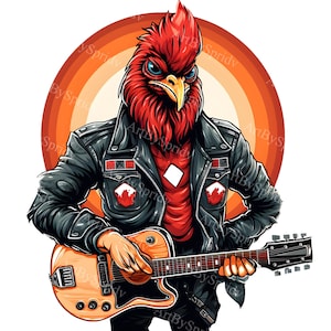 Coole Farm Rockstar Hahn mit Gitarre - Transparentes PNG Clipart - Bedruckbare Sublimation -Download Druck - Niedliche Illustration Clip Art