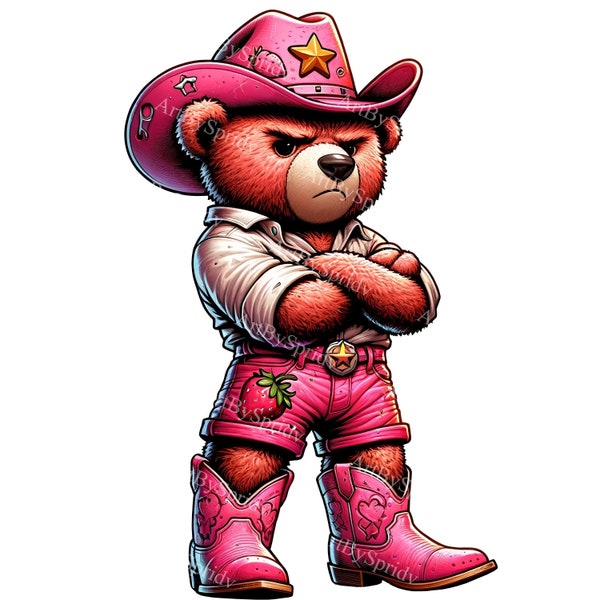 Western Teddy Bear Clipart - Pink Cowboy Digital PNG for Sublimation & Printables |Unique Kids DIY Craft Room Decor,Party Themes Invitations