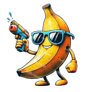 Cool Banana Cartoon PNG Clipart, Fun Summer Fruit Art, Banana with Sunglasses & Water Gun, Whimsical Kitchen Decor, Digital Download PNG