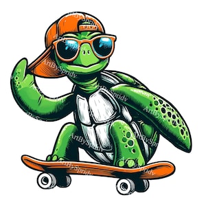 Cool Skateboarding Turtle Clipart | Fun Digital Art for Kids | Hip Turtle with Sunglasses & Cap | Instant Download PNG | Cute Animal Clipart