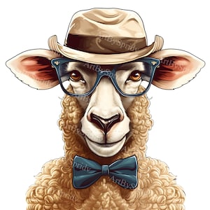 Sheep with Glasses & Bow Tie PNG Clipart, Stylish Farm Animal, Cute Rustic Digital Download for T-Shirts, Sublimation, Nursery Art,DIY Craft