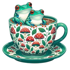 Frog in Teacup Clipart - Floral & Mushroom Coffee Cup PNG, Watercolor Style Digital Art for DTG, T-Shirt, Mug, Tumbler,Scrapbooking Clip Art