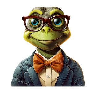 May include: A cartoon turtle wearing a blue suit with a brown bow tie and red-rimmed glasses. The turtle has a green shell and a friendly expression.