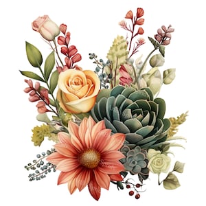 Bouquet Of Succulents & Wildflowers Boho Floral Style Transparent PNG Clipart,Printable T-Shirt,Mug,Tumbler Sublimation,Commercial Clip Art