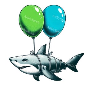 Shark Balloon Clipart - Transparent Floating Shark Illustration, Birthday Party Decor,Digital Download,Ocean Themed Event,DIY Craft Supplies