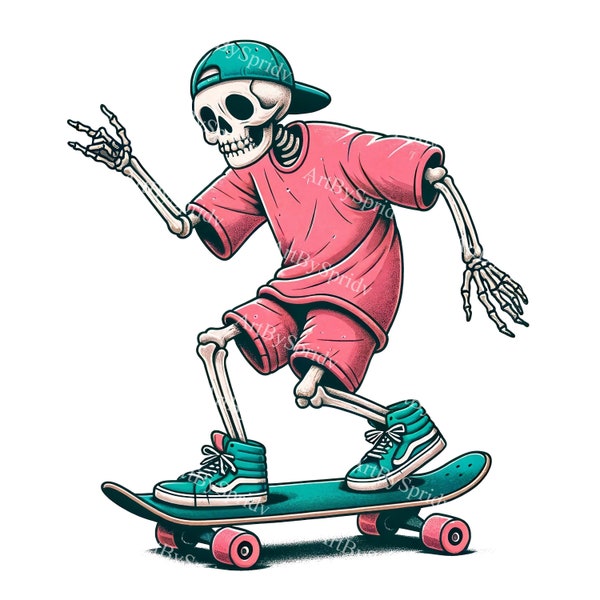 Skateboarding Skeleton Digital Clipart -Bold Skate Culture Graphics, PNG DIY Sublimation Design for T-Shirts, Hoodies, Stickers, Urban Style
