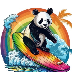 Cute Panda Surf Rainbow PNG Transparent Clipart, Tier Kinder Cartoon Design, Druckbare Sublimation, Kommerzielle Nutzung, Magische Kunst
