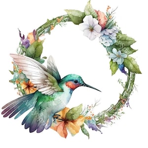 Corona de colibrí de acuarela, clipart PNG, corona floral bohemia con flores y hojas, clip art transparente para manualidades, invitaciones, arte de pared