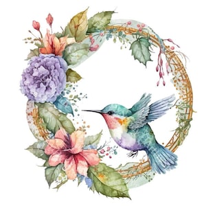 Descarga digital de corona de colibrí de dibujos animados con flores y hojas: clipart PNG transparente para manualidades y regalos personalizados