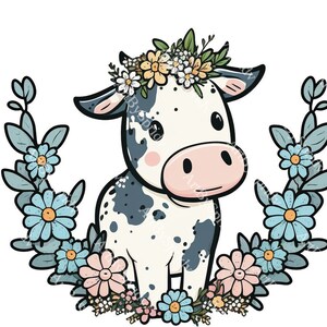 Cute Cartoon Cow Clipart with Floral Wreath, Farm Animal Digital PNG Clip Art for DIY Crafts, Cards, Decorations, DTG T-Shirt, Mug, Tumbler