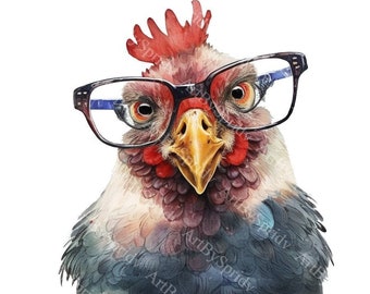 Chicken With Glasses Watercolor PNG Transparent Clipart Kids Cartoon Design,Printable Sublimation,Digital Instant Download,Baby Shower PNG