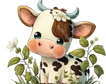 Cow PNG Transparent Clipart Kids Cartoon Design,Printable Sublimation,Digital Instant Download,Baby Shower,Farm Animal PNG Art