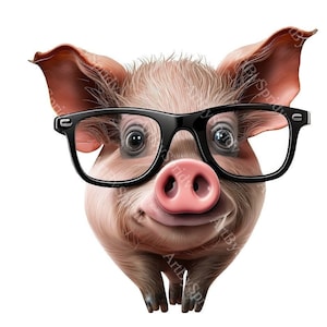 Cute Pig Clipart Transparent PNG | Pig Wearing Glasses Art | Funny Animal Illustration | Farm Animal Digital Download | Kids Decor Clip Art