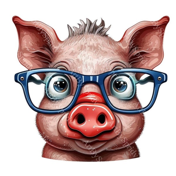 Transparent PNG Cartoon Style Pig avec des lunettes Kids Print on Demand Clip Artwork, Téléchargement instantané numérique, Sublimation, Art imprimable prêt