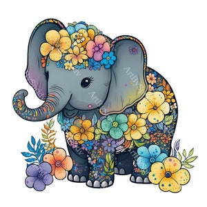 Floral Elephant Clipart PNG, Adorable Baby Elephant with Flowers for T-Shirt, Mug Sublimation, Nursery Decor, Digital DIY Crafts Projects