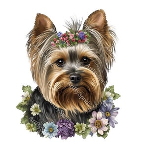 Yorkshire Terrier with Floral Crown Download PNG Clipart, Yorkie Digital Clip Art for Dog Lovers, T-Shirt Sublimation, DIY Crafts&Printables