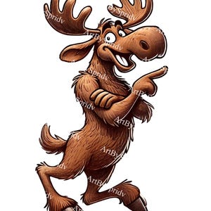 Cartoon Moose PNG | Playful Pointing Moose Clipart | Whimsical Forest Animal Digital Art | Cute Woodland Creature Sublimation Design
