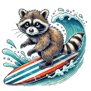 Adorable Surfing Raccoon Clipart - Cute Animal PNG, Digital Download, Surfing Clip Art,Kids Room Decor,Scrapbooking,Sticker Design,DIY Craft
