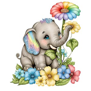May include: A cartoon illustration of a gray elephant with rainbow ears and a blue eye. The elephant is sitting on a bed of green leaves and flowers, including yellow, blue, and pink flowers. The elephant is reaching up with its trunk to touch a large rainbow flower.