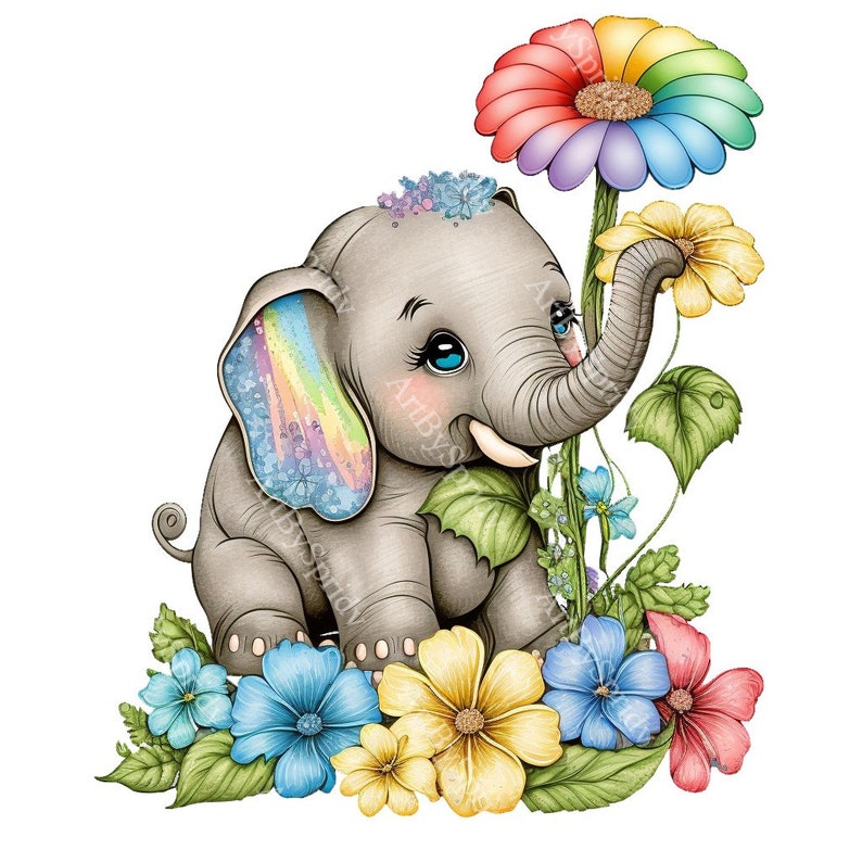 May include: A cartoon illustration of a gray elephant with rainbow ears and a blue eye. The elephant is sitting on a bed of green leaves and flowers, including yellow, blue, and pink flowers. The elephant is reaching up with its trunk to touch a large rainbow flower.