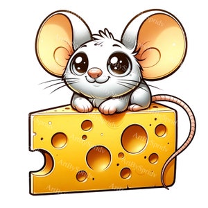 Adorable ratón de dibujos animados sobre queso con agujero Clipart digital PNG / Linda ilustración de roedor para sublimación y manualidades imprimibles / Comercial
