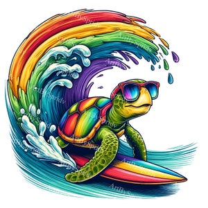 Lebendige Meeresschildkröte Clipart, Surfer Schildkröte PNG, Regenbogenwelle Digital Art, hochauflösende Sofort-Download, Strand-T-Shirt-Design, Bunt