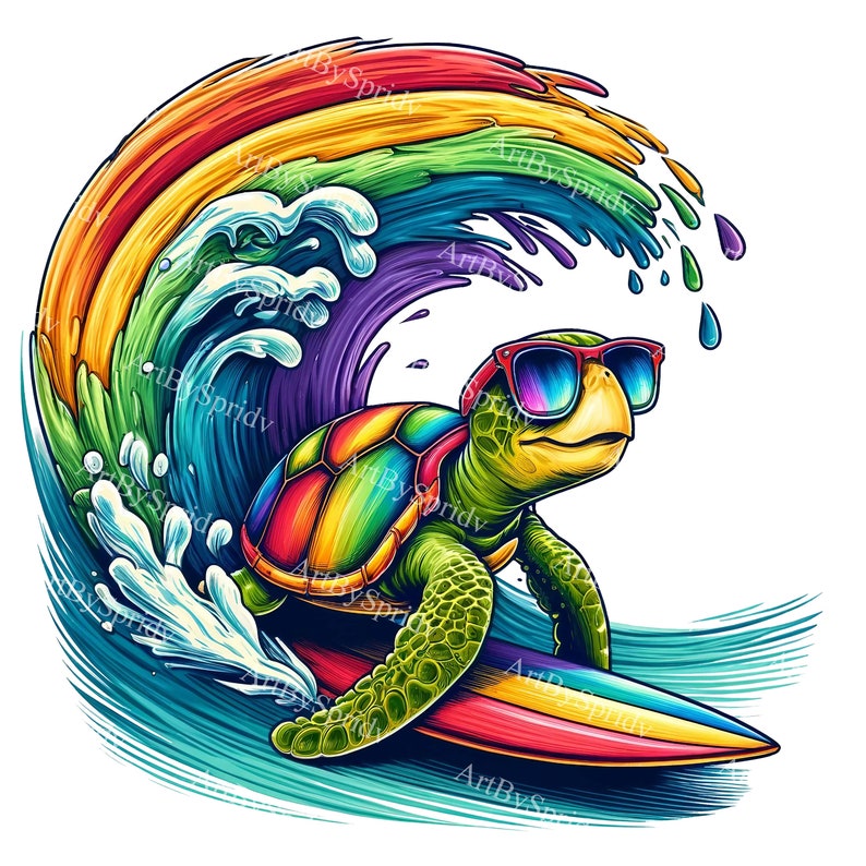 Vibrant Sea Turtle Clipart, Surfer Turtle PNG, Rainbow Wave Digital Art, High-Resolution Instant Download, Beach T-Shirt Design, Colorful